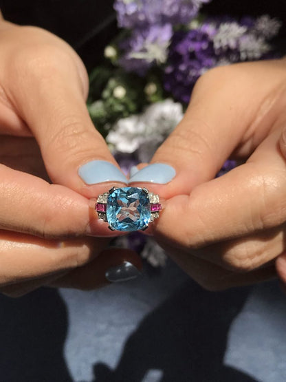 Cushion Cut 7.20ct Blue Topaz with Diamond and Ruby Engagement Ring