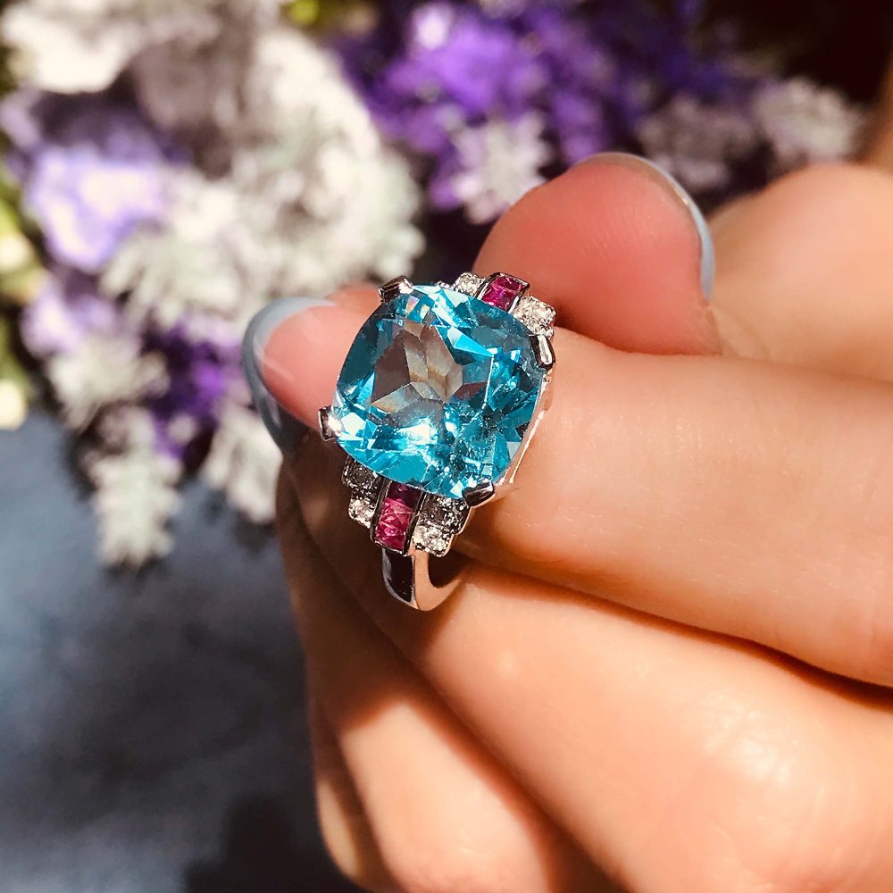 Cushion Cut 7.20ct Blue Topaz with Diamond and Ruby Engagement Ring