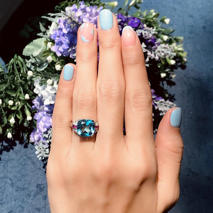 Cushion Cut 7.20ct Blue Topaz with Diamond and Ruby Engagement Ring