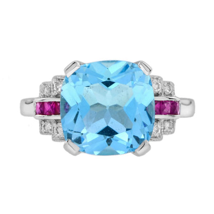 Cushion Cut 7.20ct Blue Topaz with Diamond and Ruby Engagement Ring