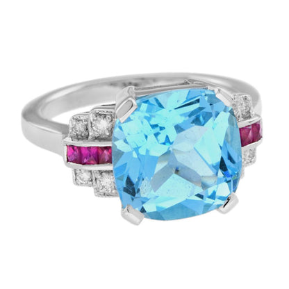 Cushion Cut 7.20ct Blue Topaz with Diamond and Ruby Engagement Ring