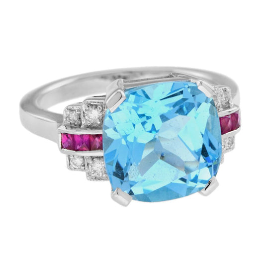 Cushion Cut 7.20ct Blue Topaz with Diamond and Ruby Engagement Ring