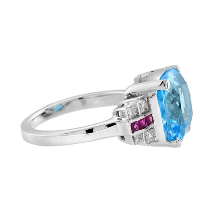 Cushion Cut 7.20ct Blue Topaz with Diamond and Ruby Engagement Ring