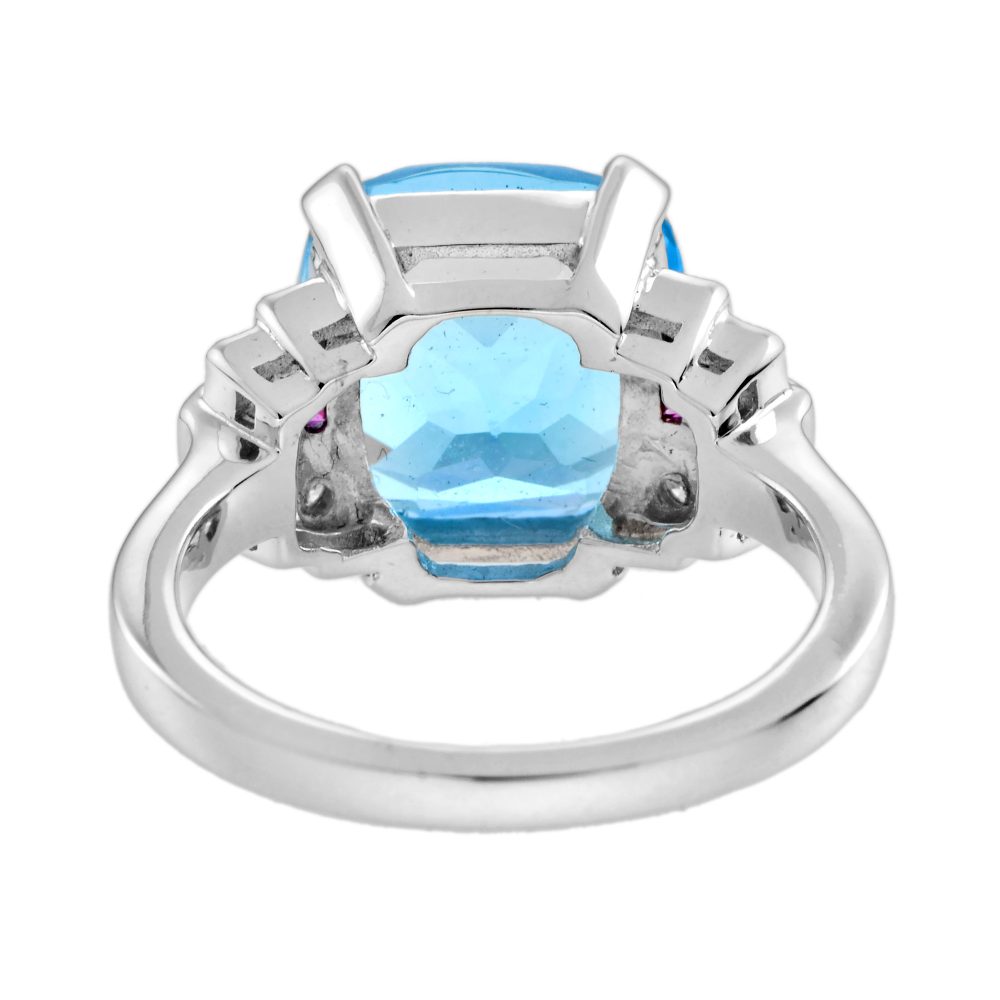 Cushion Cut 7.20ct Blue Topaz with Diamond and Ruby Engagement Ring