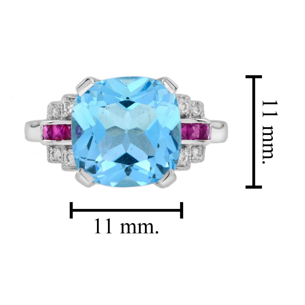 Cushion Cut 7.20ct Blue Topaz with Diamond and Ruby Engagement Ring