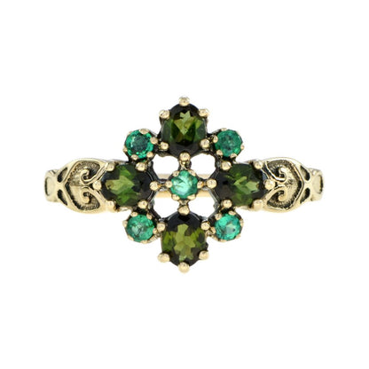 Vintage Style Green Tourmaline and Emerald Cluster Ring