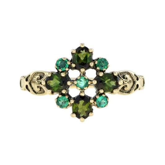 Vintage Style Green Tourmaline and Emerald Cluster Ring