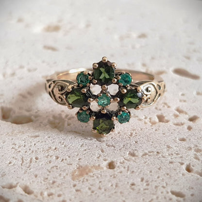 Vintage Style Green Tourmaline and Emerald Cluster Ring