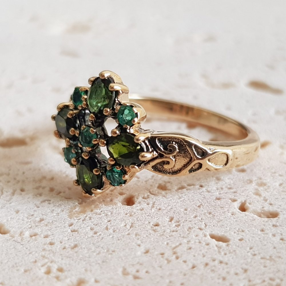 Vintage Style Green Tourmaline and Emerald Cluster Ring