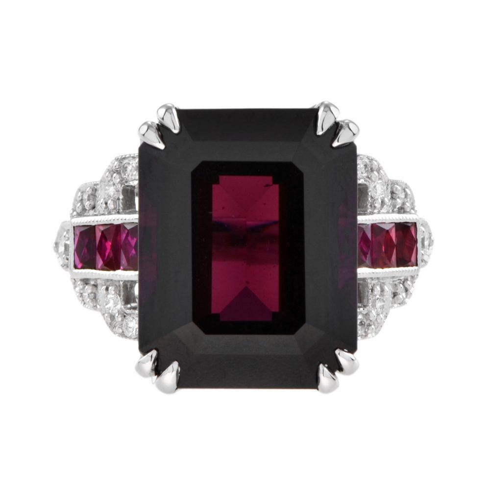 Art Deco Style 16.9ct Rhodolite Cocktail Ring with Ruby and Diamond