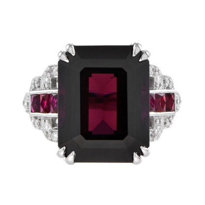 Art Deco Style 16.9ct Rhodolite Cocktail Ring with Ruby and Diamond
