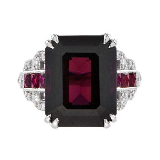 Art Deco Style 16.9ct Rhodolite Cocktail Ring with Ruby and Diamond