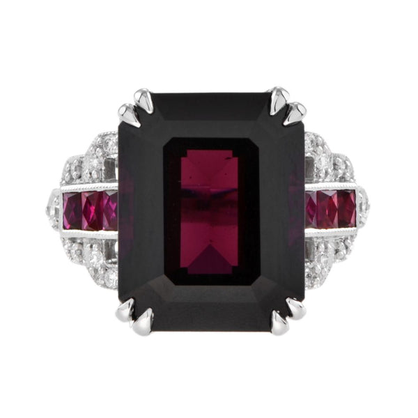 Art Deco Style 16.9ct Rhodolite Cocktail Ring with Ruby and Diamond