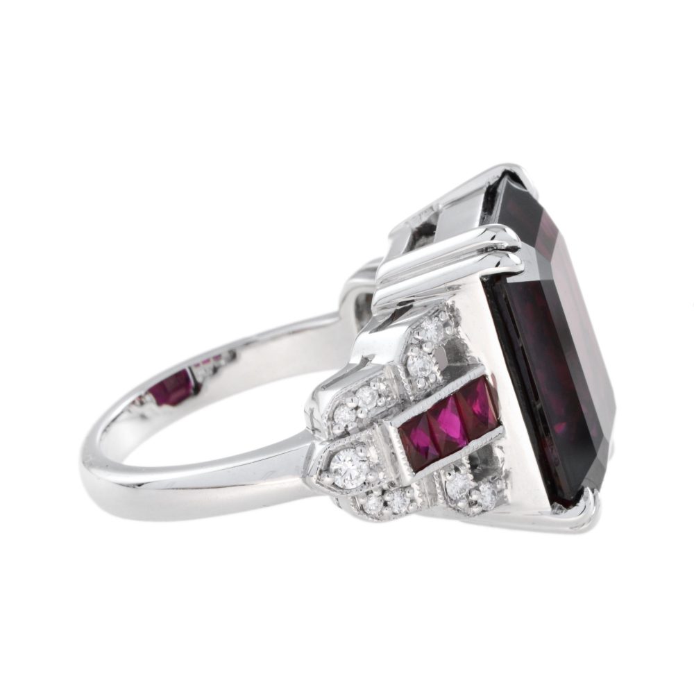 Art Deco Style 16.9ct Rhodolite Cocktail Ring with Ruby and Diamond