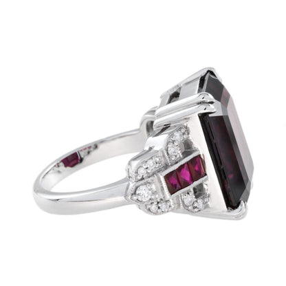 Art Deco Style 16.9ct Rhodolite Cocktail Ring with Ruby and Diamond