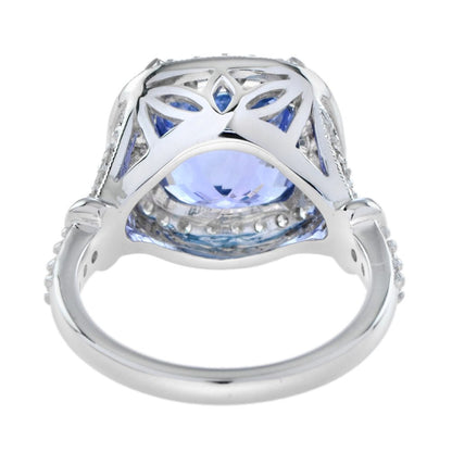 6.68ct Cushion Cut Tanzanite and Diamond Cluster Engagement Ring in 18ct White Gold