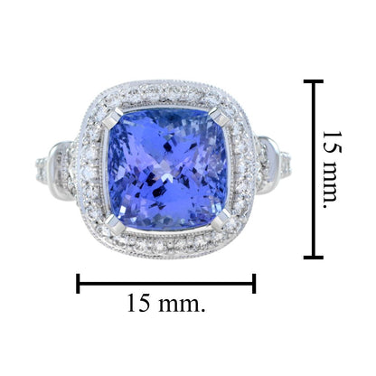 6.68ct Cushion Cut Tanzanite and Diamond Cluster Engagement Ring in 18ct White Gold