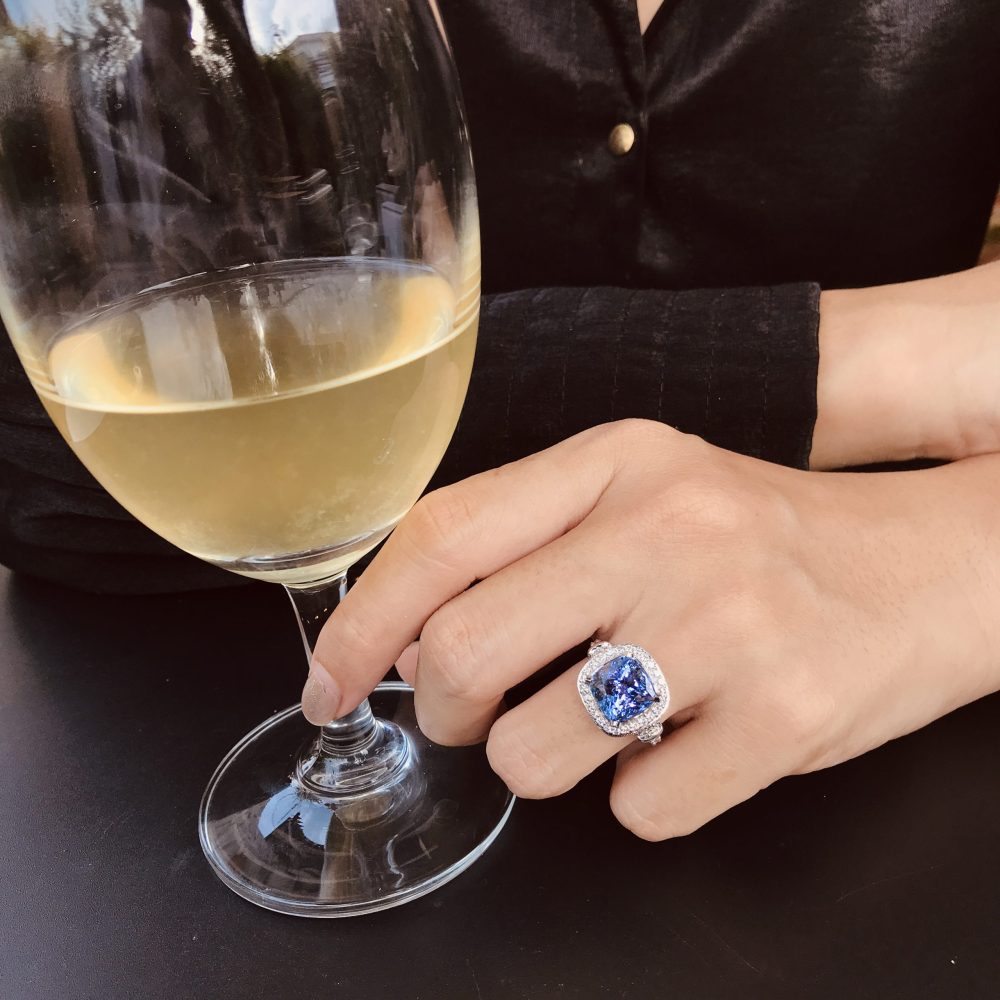 6.68ct Cushion Cut Tanzanite and Diamond Cluster Engagement Ring in 18ct White Gold