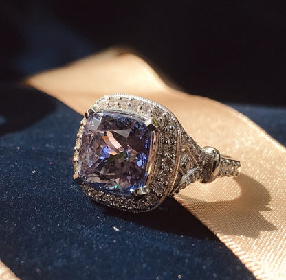 6.68ct Cushion Cut Tanzanite and Diamond Cluster Engagement Ring in 18ct White Gold