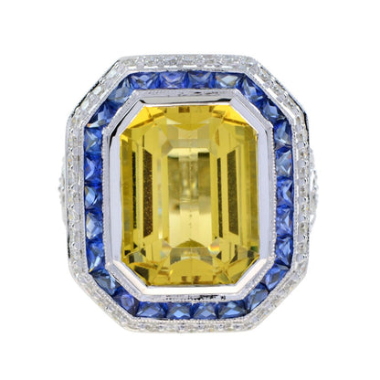 14ct Heliodor Golden Beryl, Ceylon Sapphire and Diamond Cocktail Ring