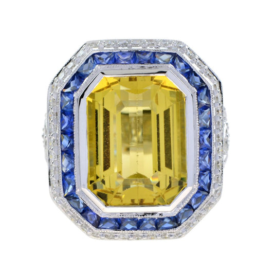 14ct Heliodor Golden Beryl, Ceylon Sapphire and Diamond Cocktail Ring