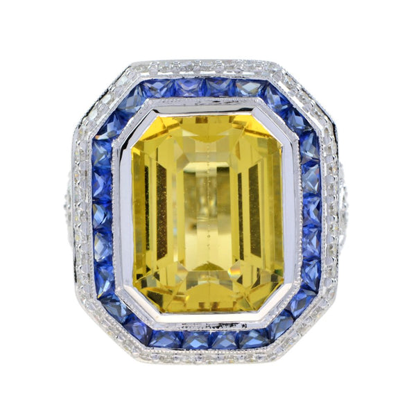 14ct Heliodor Golden Beryl, Ceylon Sapphire and Diamond Cocktail Ring