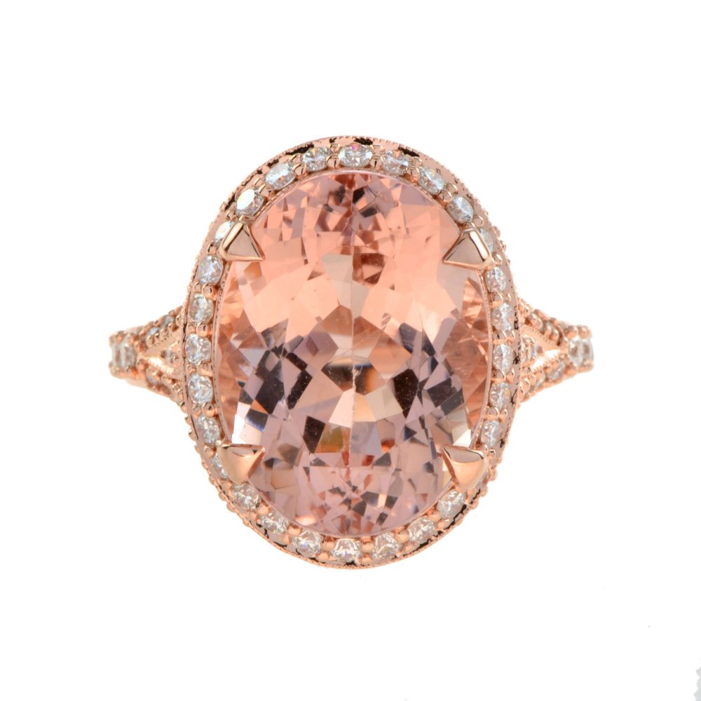 9.60ct Oval Morganite and Diamond Cluster Cocktail Ring in 18ct Rose Gold; 9.63ct oval morganite with a diamond surround accented with diamond-set split shoulders