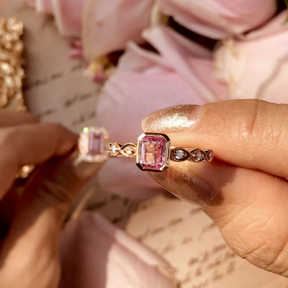 Certified 0.99ct Natural No Heat Pink Sapphire Solitaire Engagement Ring with Twist Diamond Shoulders