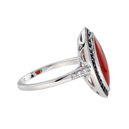 Marquise 1.20ct Coral Onyx and Diamond Navette Cluster Ring