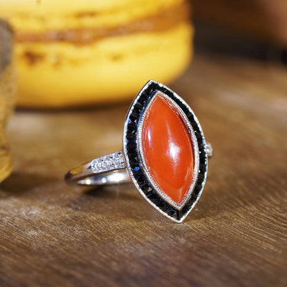 Marquise 1.20ct Coral Onyx and Diamond Navette Cluster Ring