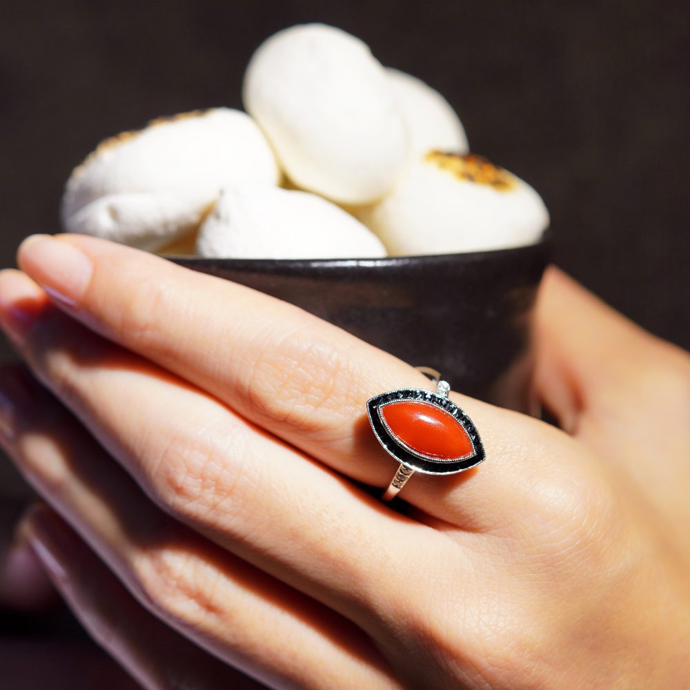 Marquise 1.20ct Coral Onyx and Diamond Navette Cluster Ring