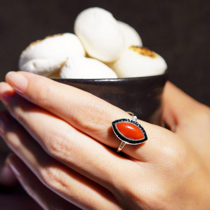 Marquise 1.20ct Coral Onyx and Diamond Navette Cluster Ring