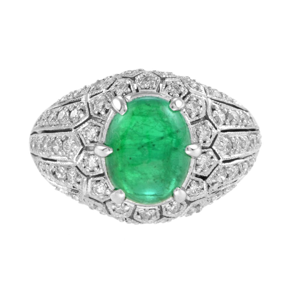 Cabochon Emerald and Diamond Dome Cocktail Ring