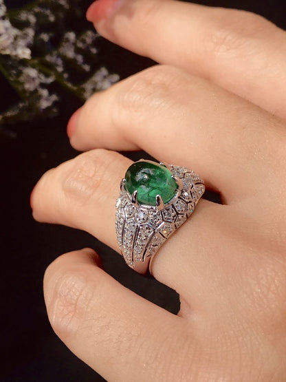 Cabochon Emerald and Diamond Dome Cocktail Ring