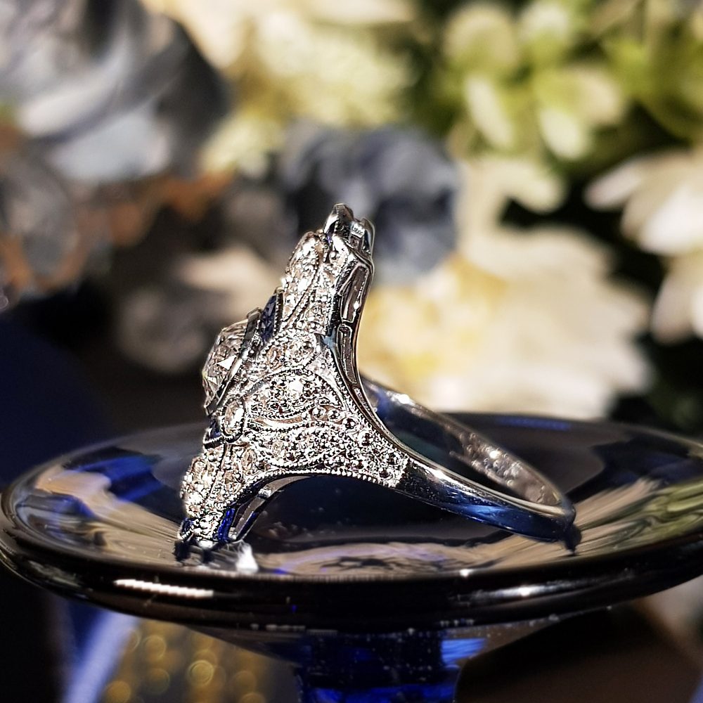 Art Deco Inspired GIA Certified 0.99ct Old Cut Diamond and Sapphire Cluster Plaque Ring