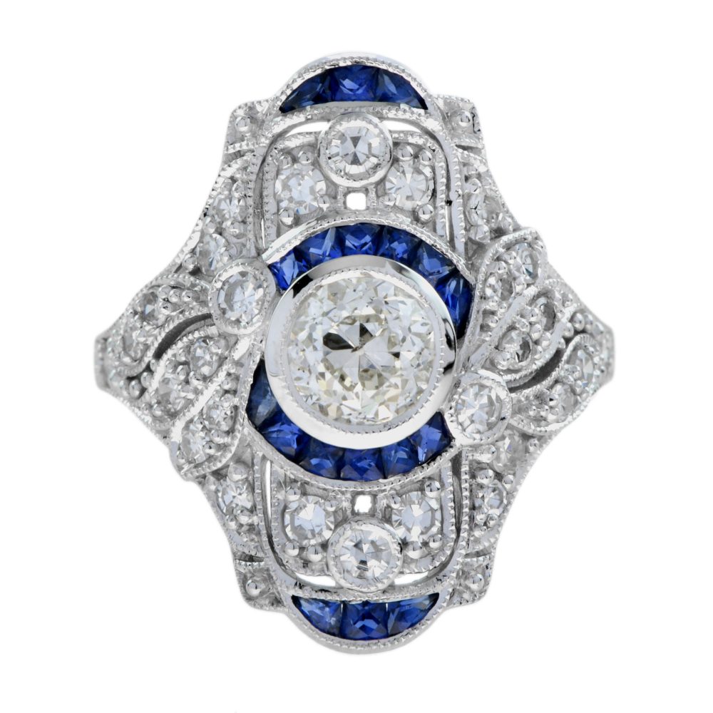 GIA Certified 0.99ct Old Cut Diamond and Sapphire Cluster Plaque Ring in 18ct White Gold
