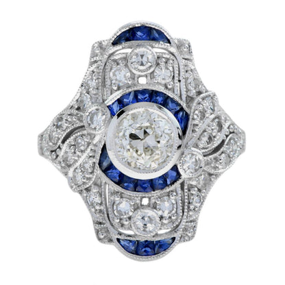 GIA Certified 0.99ct Old Cut Diamond and Sapphire Cluster Plaque Ring in 18ct White Gold