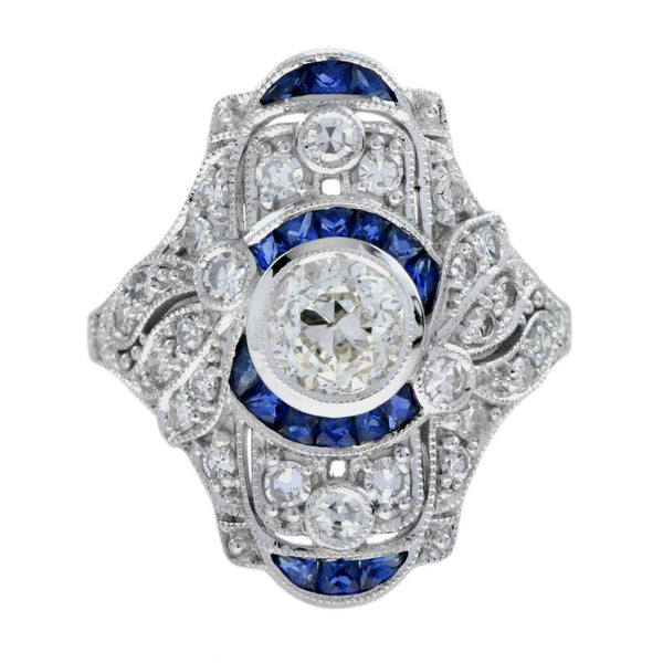 GIA Certified 0.99ct Old Cut Diamond and Sapphire Cluster Plaque Ring in 18ct White Gold