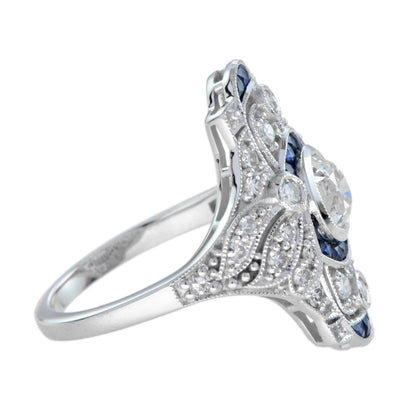 GIA Certified 0.99ct Old Cut Diamond and Sapphire Cluster Plaque Ring in 18ct White Gold