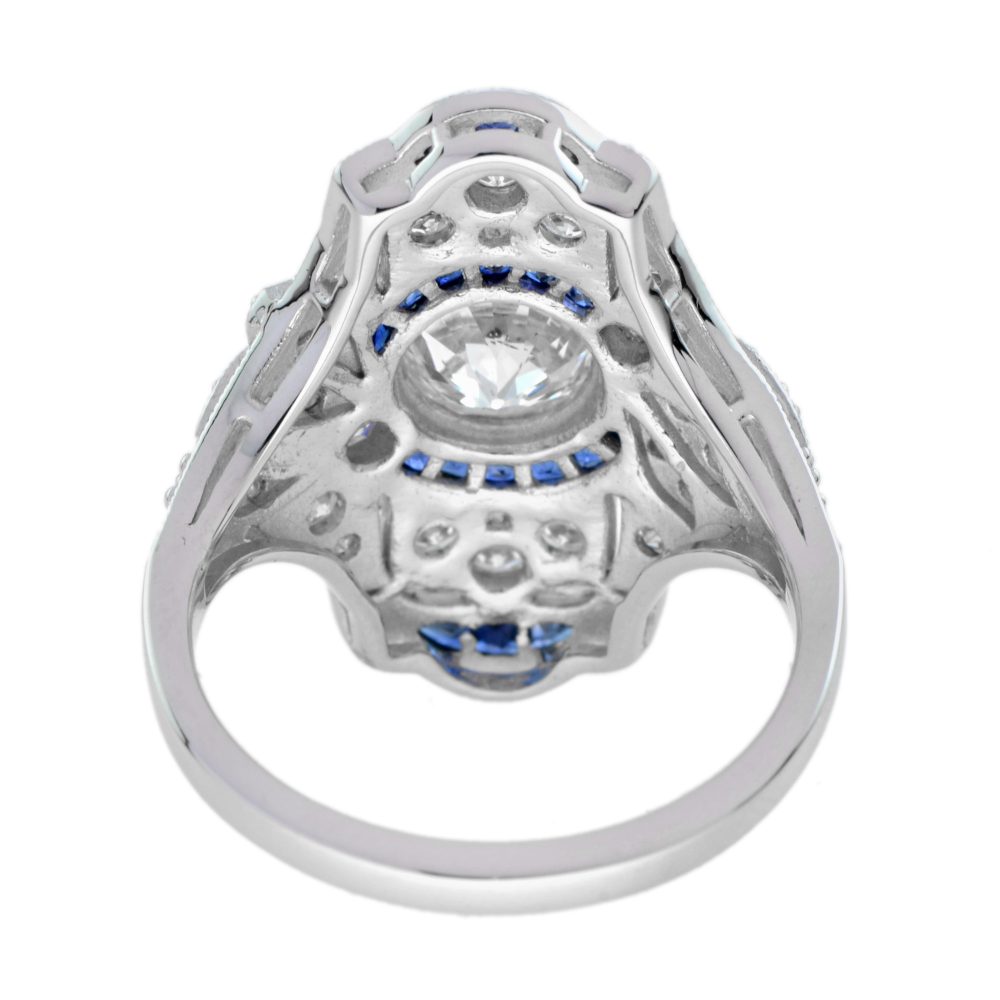 GIA Certified 0.99ct Old Cut Diamond and Sapphire Cluster Plaque Ring in 18ct White Gold