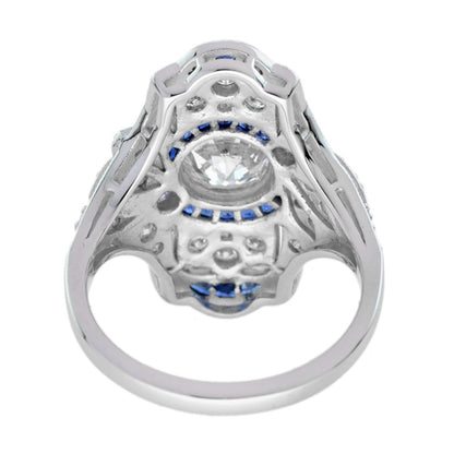 GIA Certified 0.99ct Old Cut Diamond and Sapphire Cluster Plaque Ring in 18ct White Gold