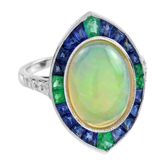 Oval 4.45ct Opal Emerald Sapphire Diamond Navette Cluster Ring