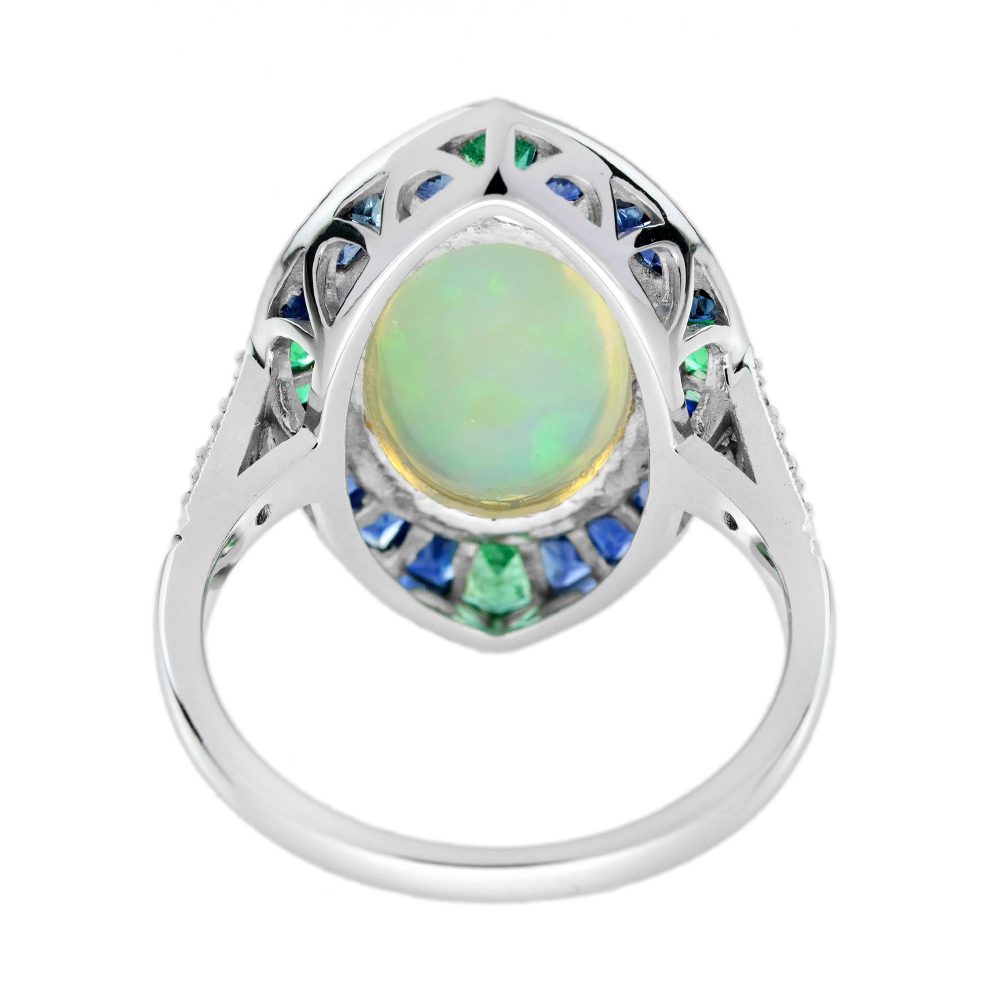 Oval 4.45ct Opal Emerald Sapphire Diamond Navette Cluster Ring