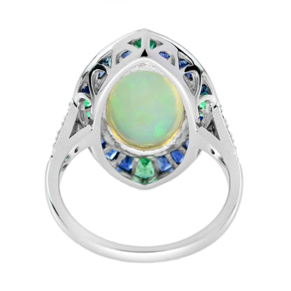 Oval 4.45ct Opal Emerald Sapphire Diamond Navette Cluster Ring