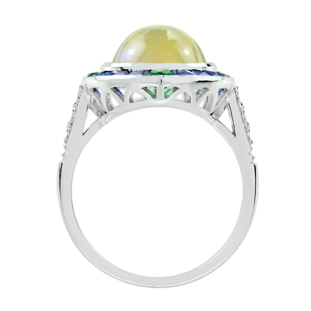 Oval 4.45ct Opal Emerald Sapphire Diamond Navette Cluster Ring