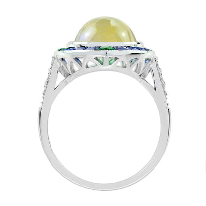 Oval 4.45ct Opal Emerald Sapphire Diamond Navette Cluster Ring