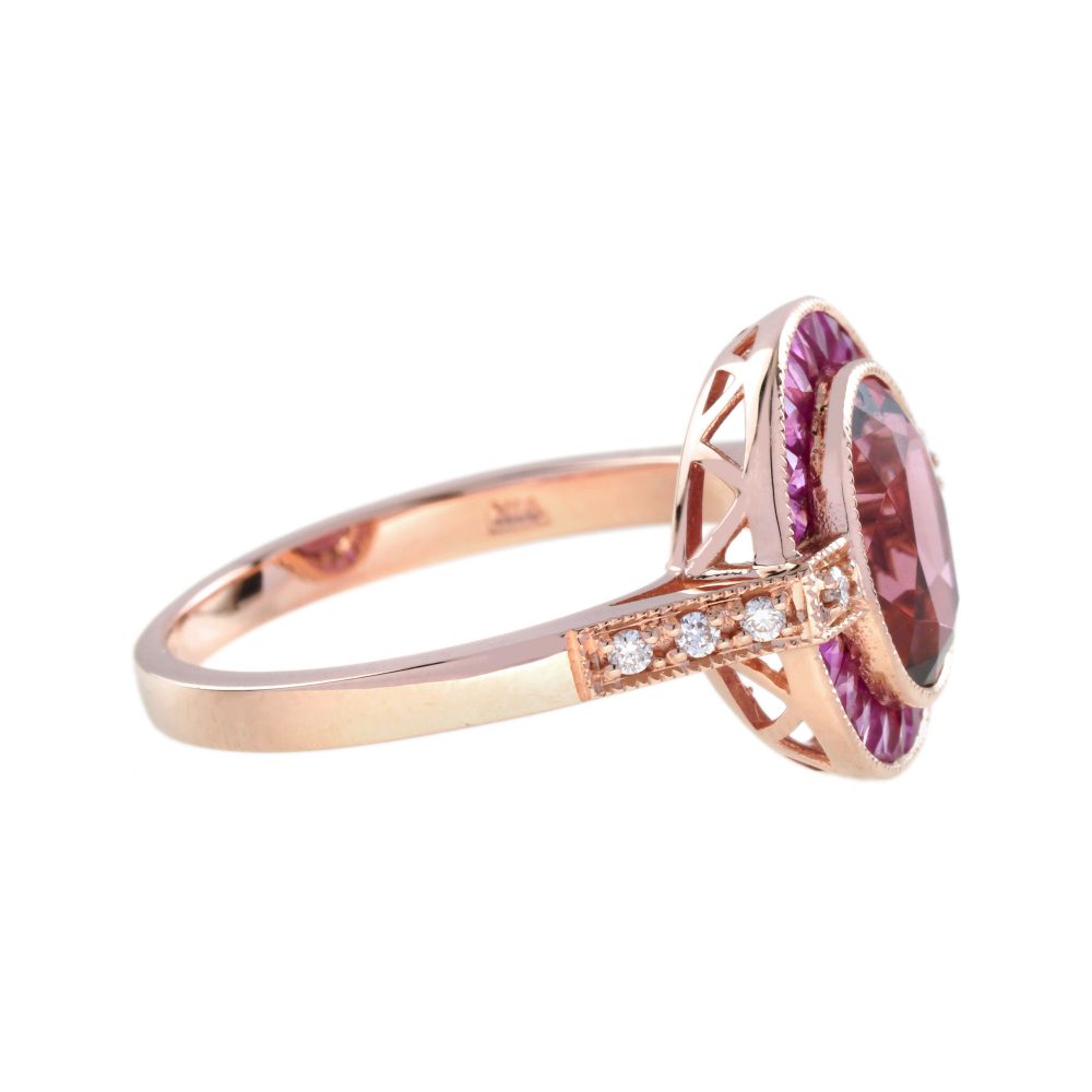 2.20ct Pink Tourmaline and Ruby Oval Target Cluster Engagement Ring in Rose Gold with Diamond Shoulders