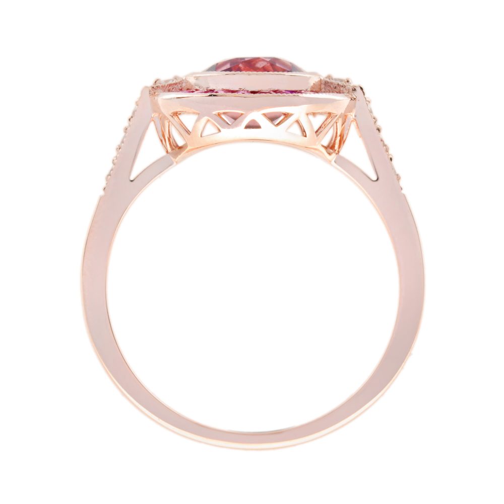 2.20ct Pink Tourmaline and Ruby Oval Target Cluster Engagement Ring in Rose Gold with Diamond Shoulders