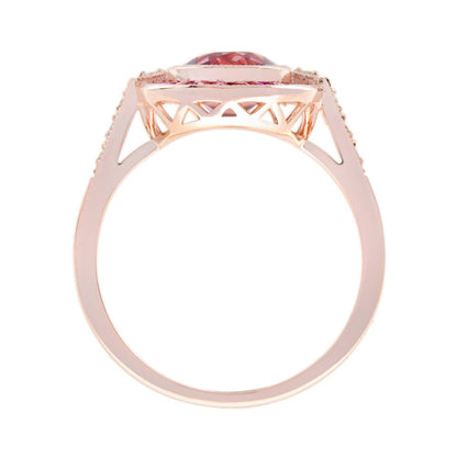 2.20ct Pink Tourmaline and Ruby Oval Target Cluster Engagement Ring in Rose Gold with Diamond Shoulders