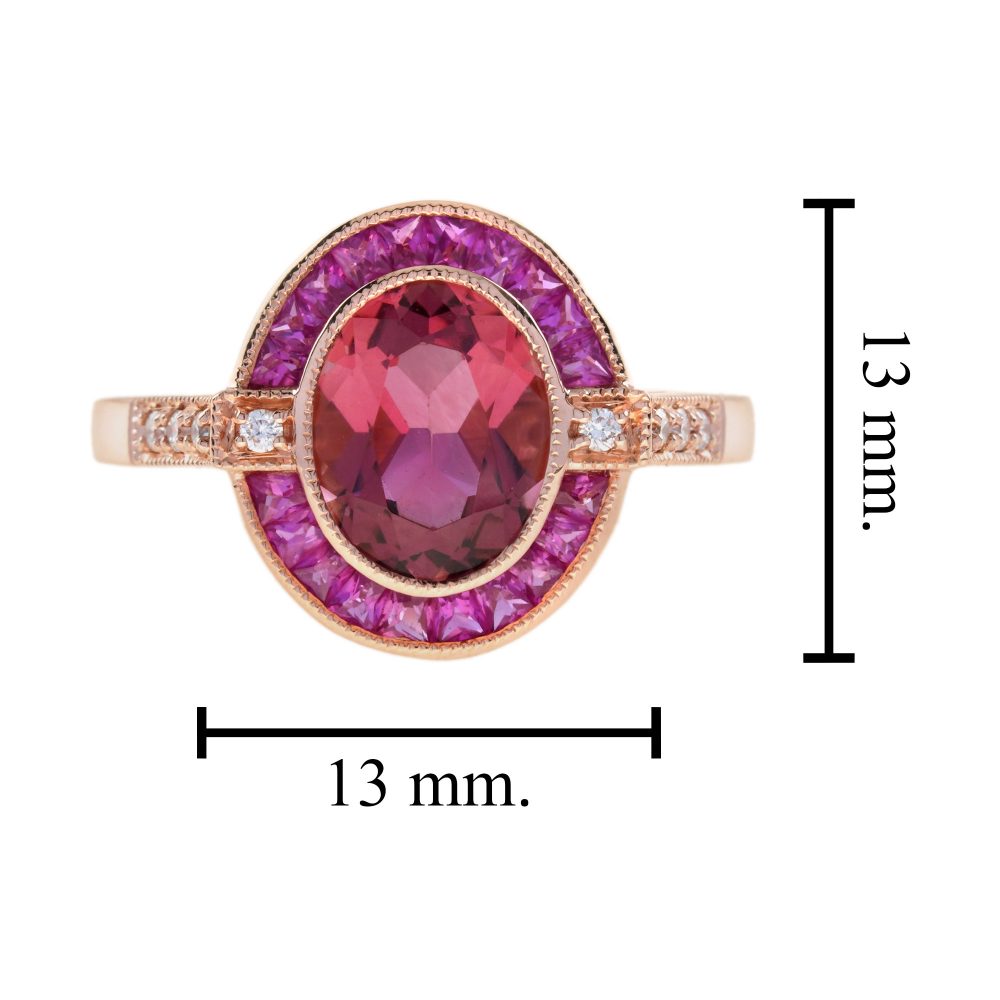 2.20ct Pink Tourmaline and Ruby Oval Target Cluster Engagement Ring in Rose Gold with Diamond Shoulders